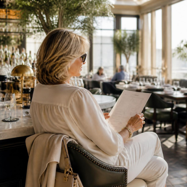a timeless mature woman seen from the side sitting at bar in a restaurant. It is brightly lit and decorated with green plants. The woman looks content as she looks at menu.
